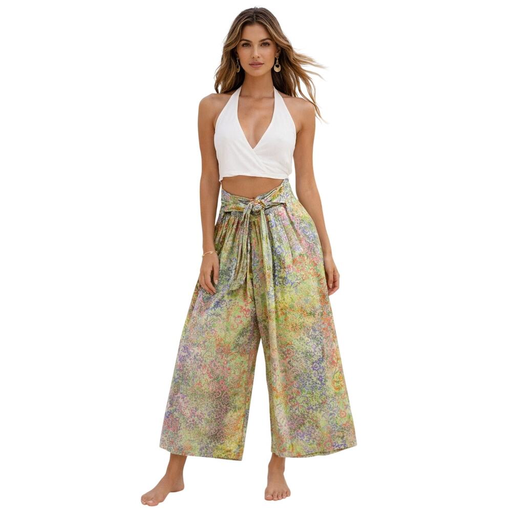 TROPICAL VIBRATIONS Women's Allover Floral Print Wide Leg Pants Green Medium NWT